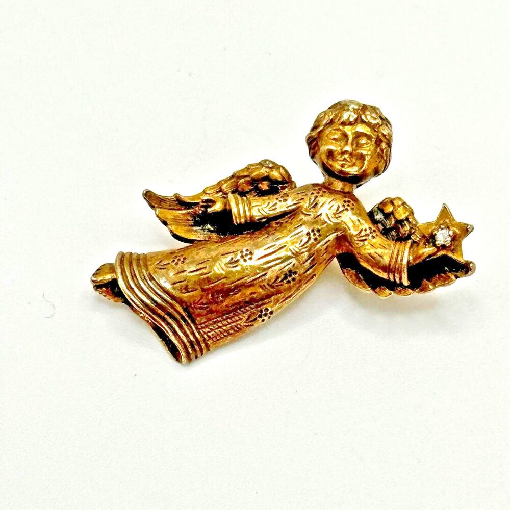 Vintage Sterling Silver Gold Vermeil Angel Star Diamond Chip Brooch Pin 1 3/8"